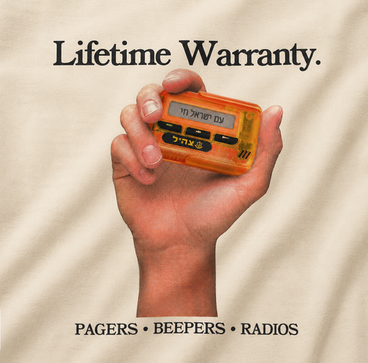Hand holding a pager with 'Lifetime Warranty' text on a beige background