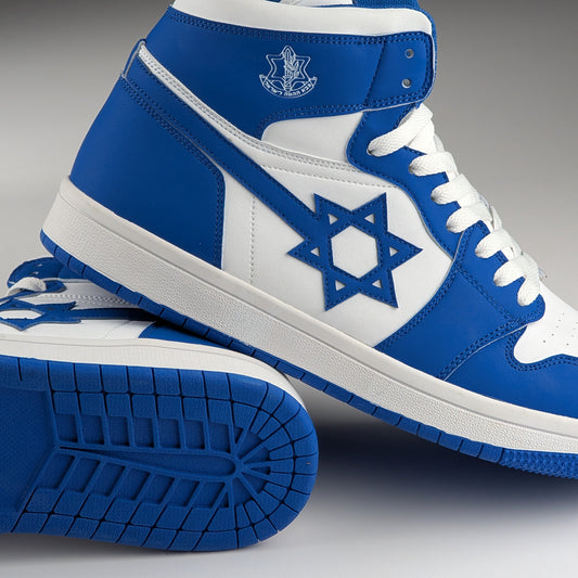 Blue and white high-top sneakers with a Star of David Israel flag design on a gray background.