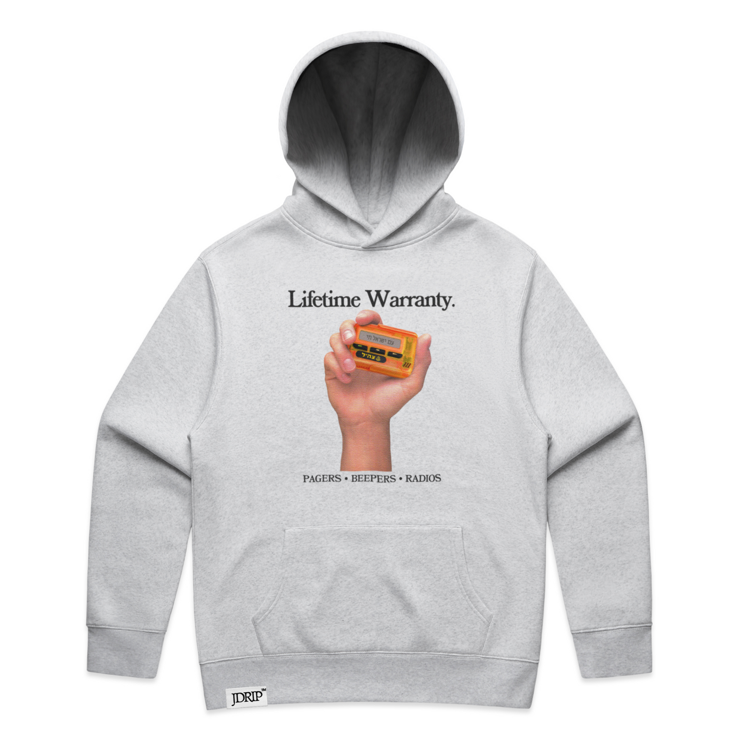 Gray hoodie with graphic design of a hand holding an Israeli pager captioned "Lifetime Warranty"