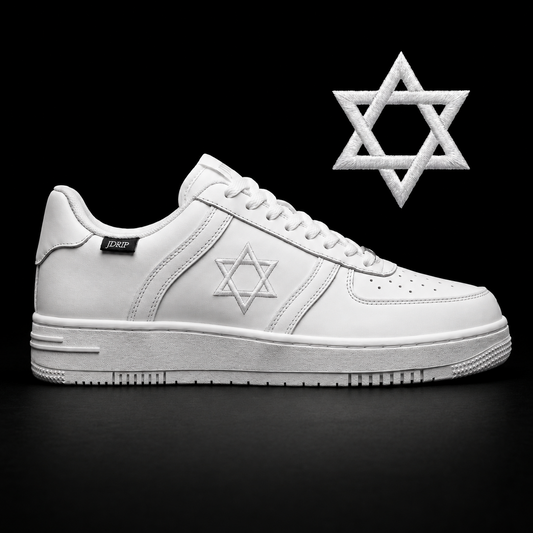 White sneaker with Star of David design on a black background