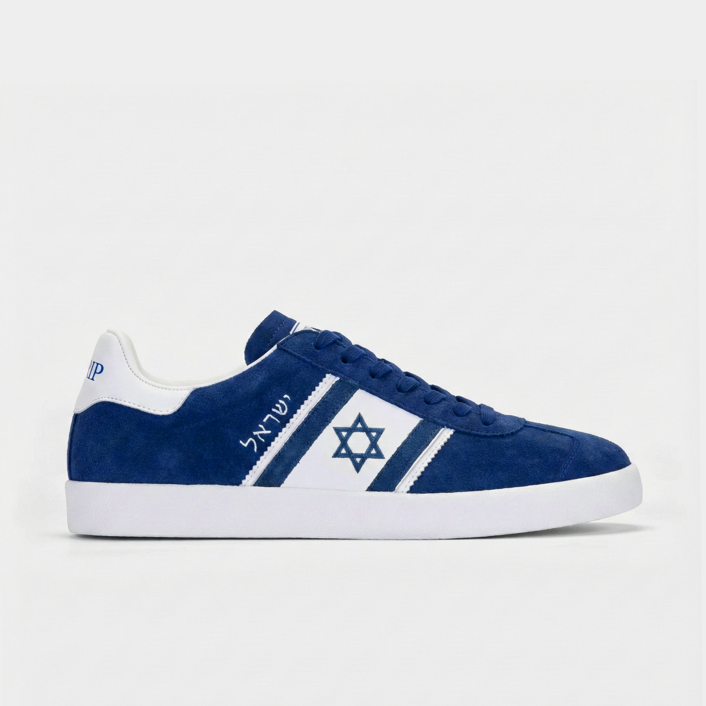 Israel shoes. Navy blue Israel sneaker with the Israeli flag on a white background.