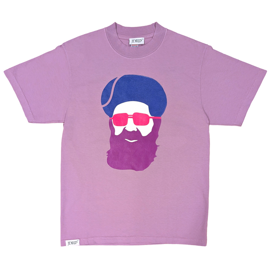 Purple t-shirt with a graphic design of Rabbi Ovadia Yosef with sunglasses and a beard, white background, front.