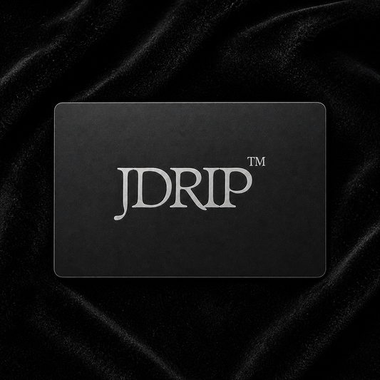 Black gift card with "JDRIP" logo on black velvet