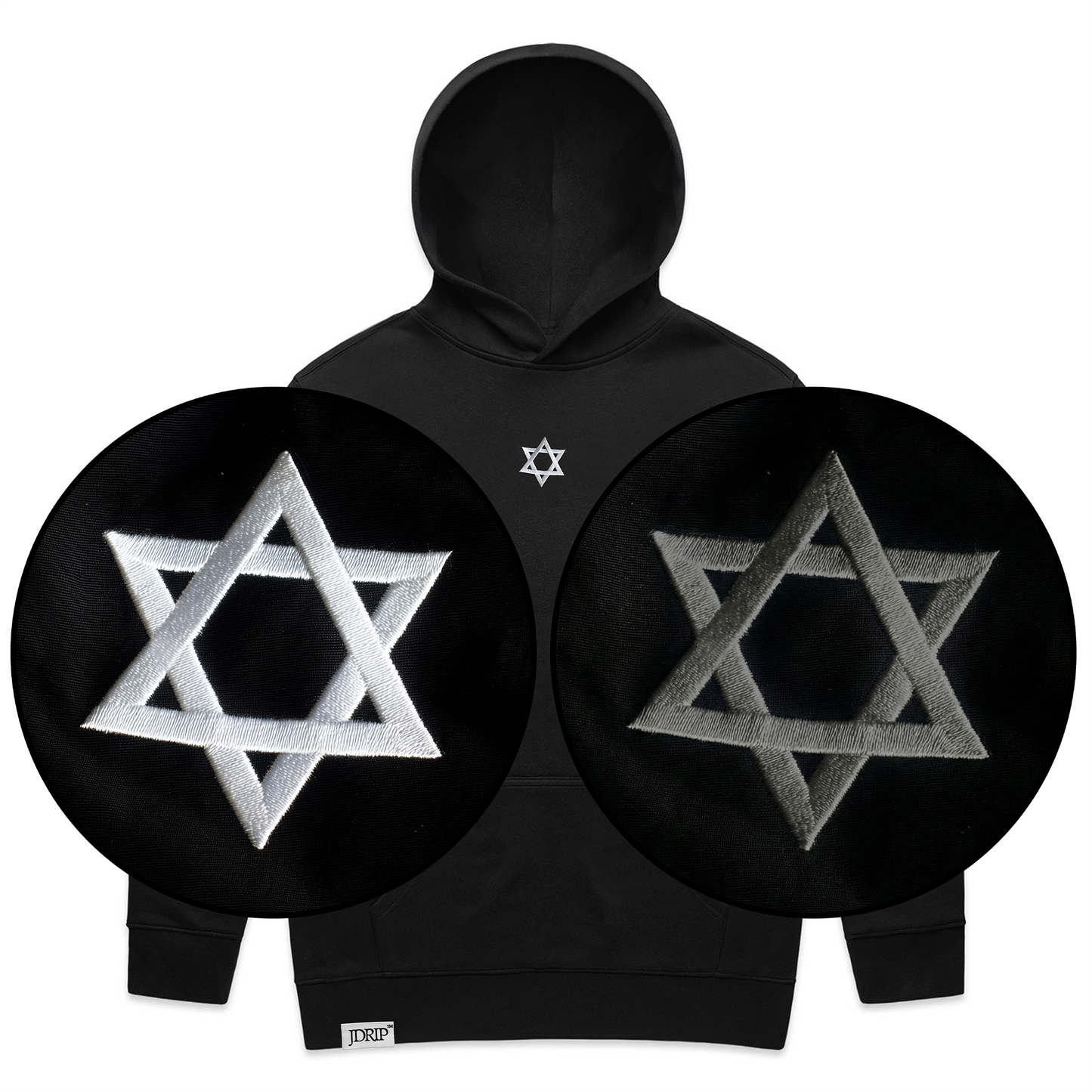 Black hoodie with a white embroidered star of David. Overlays with zoom-in of the embroidery in white and in black.