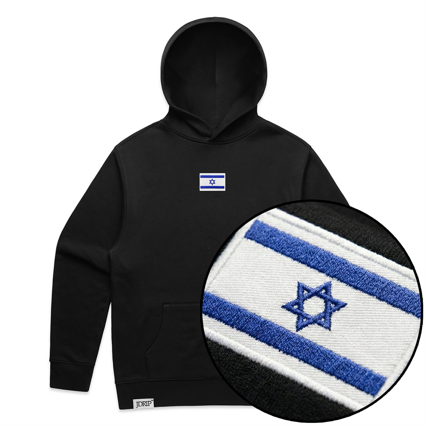 A black sweatshirt with an Israeli flag embroidered patch in the center. In. the bottom-right corner is a zoomed photo of the patch.