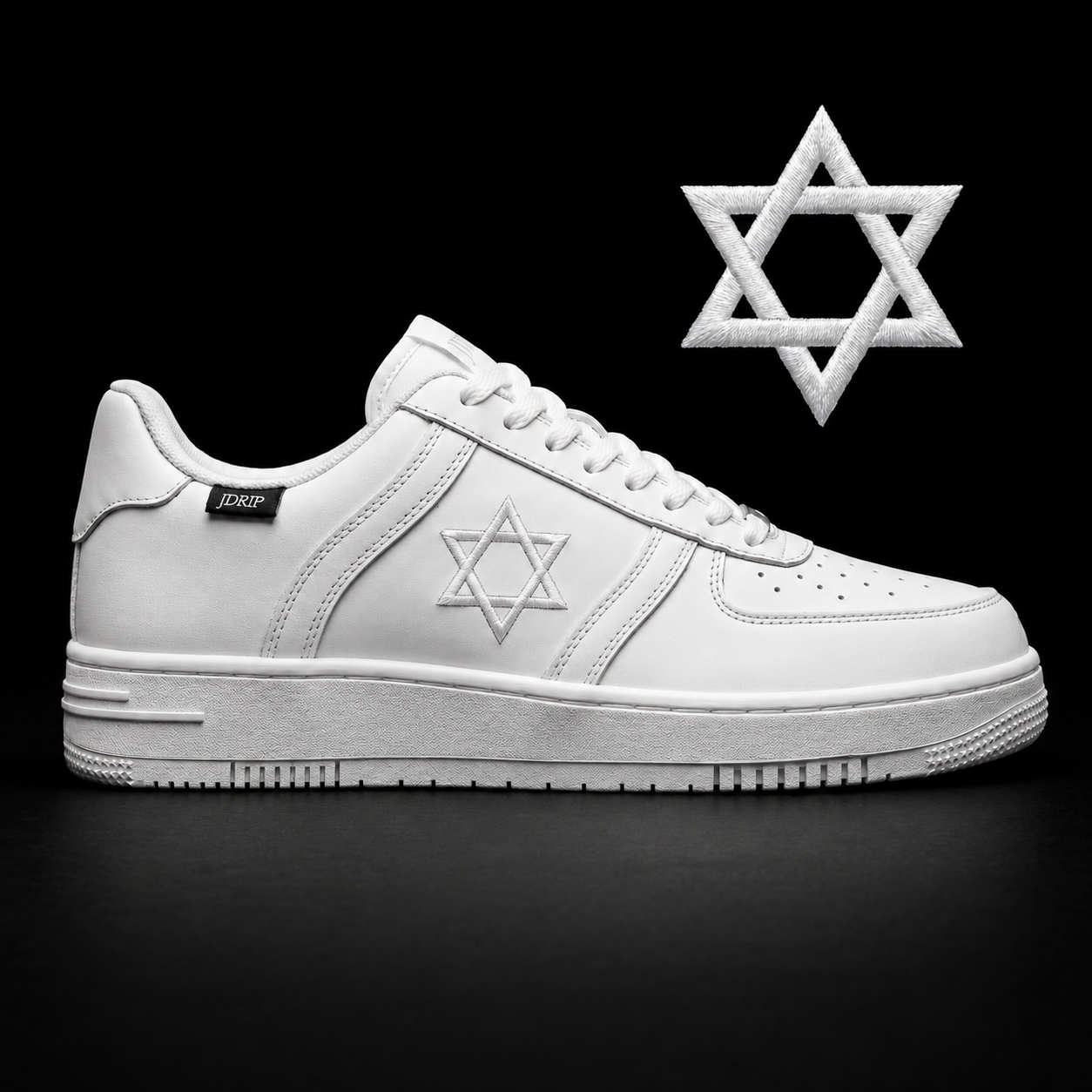 White sneaker with Star of David design on a black background