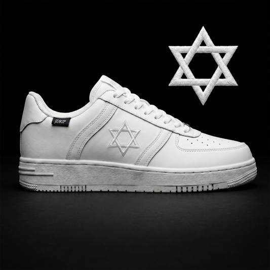 White sneaker with Star of David design on a black background