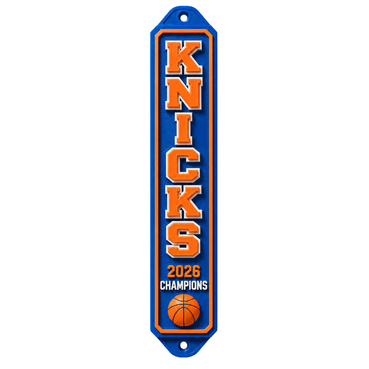 Mezuzah with 'Knicks 2026 Champions' text and basketball graphic on a white background