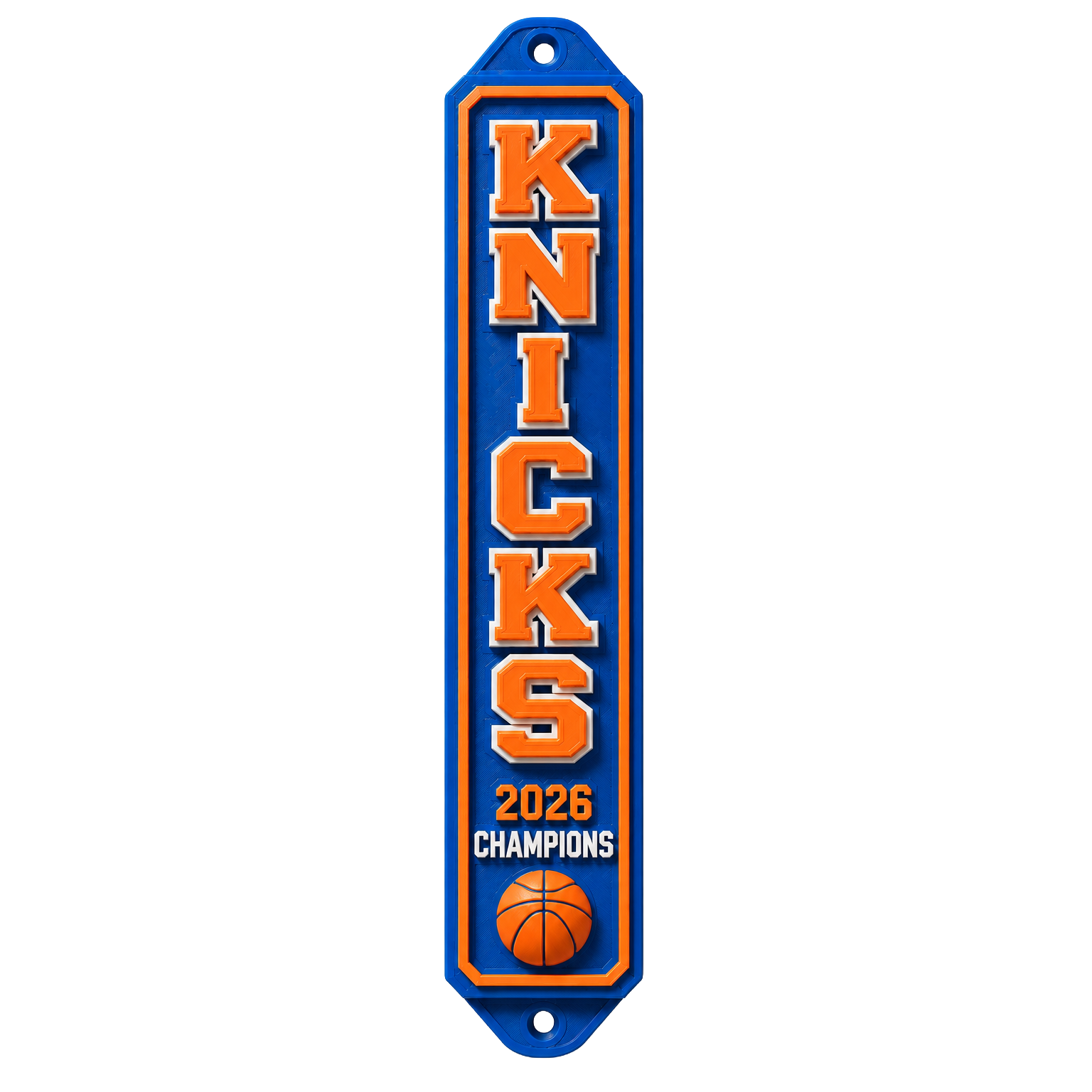 Mezuzah with 'Knicks 2026 Champions' text and basketball graphic on a white background