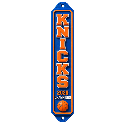 Mezuzah with 'Knicks 2026 Champions' text and basketball graphic on a white background