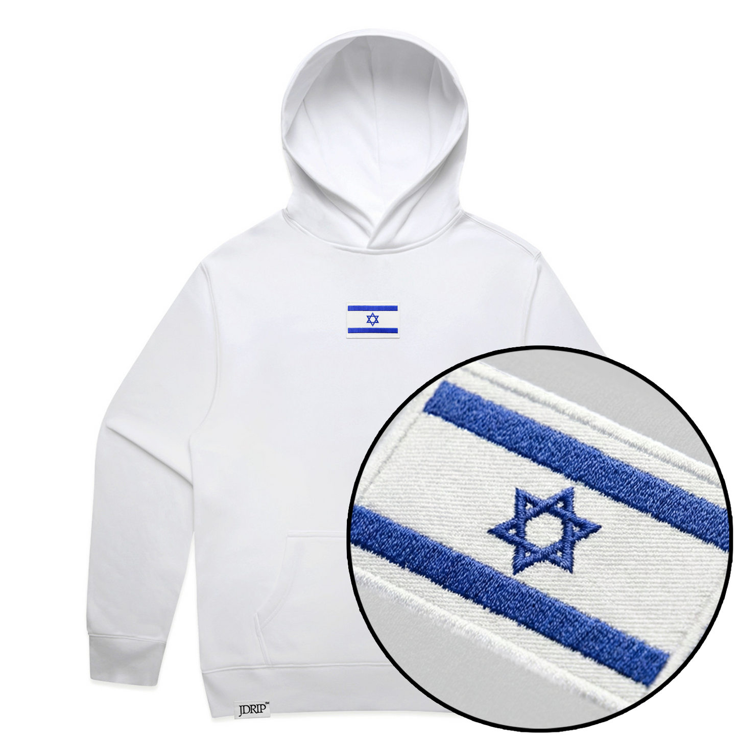 White hoodie with embroidered design of the Israeli flag on a white background. Preview of the flag on the bottom right