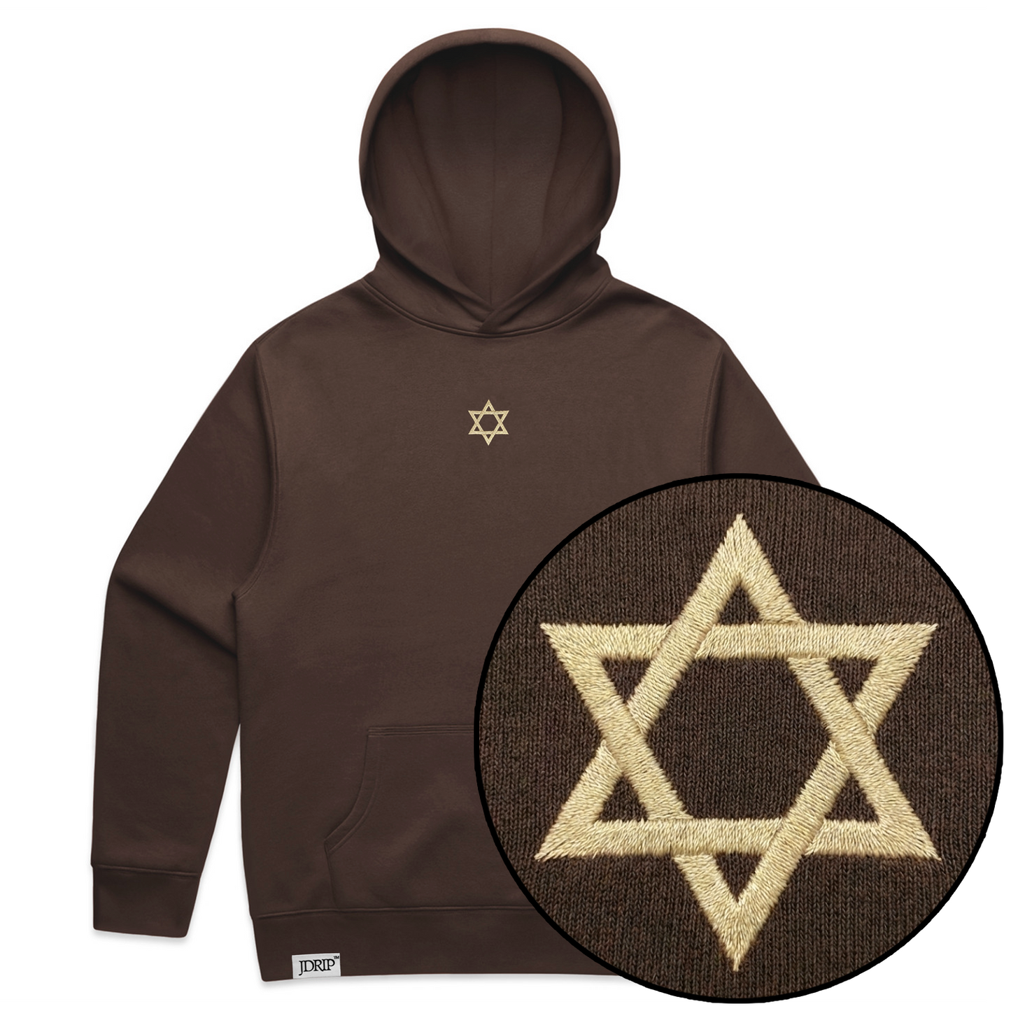 Brown hoodie with a Star of David embroidered on a white background