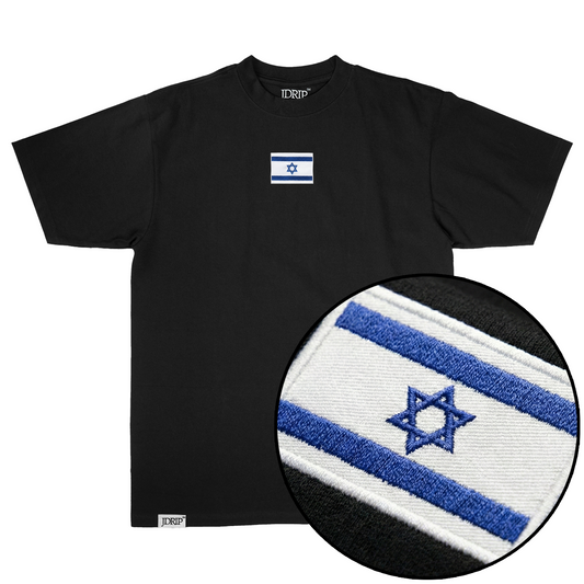 Black t-shirt with Israeli flag patch. 