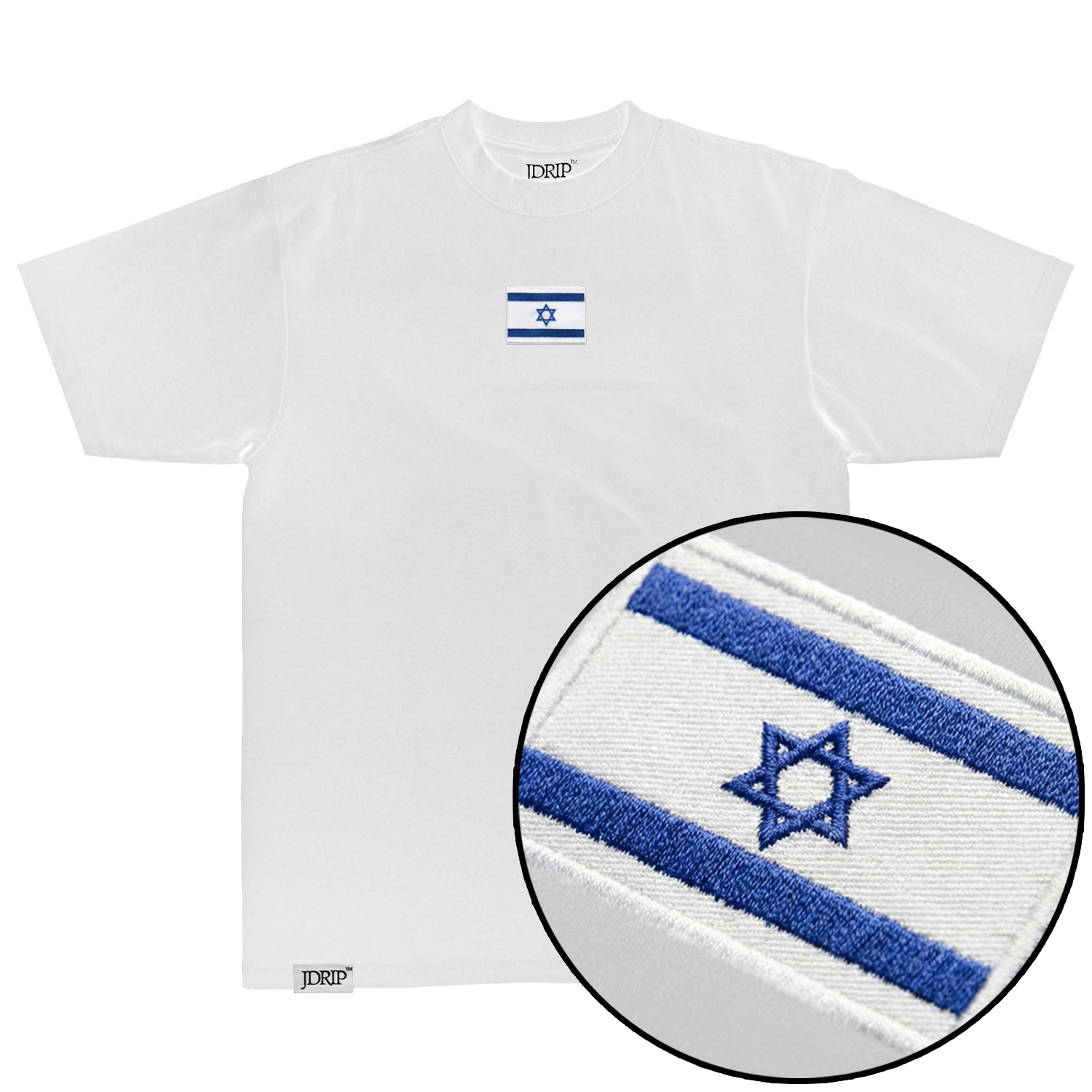White t-shirt with Israeli flag chest patch. 