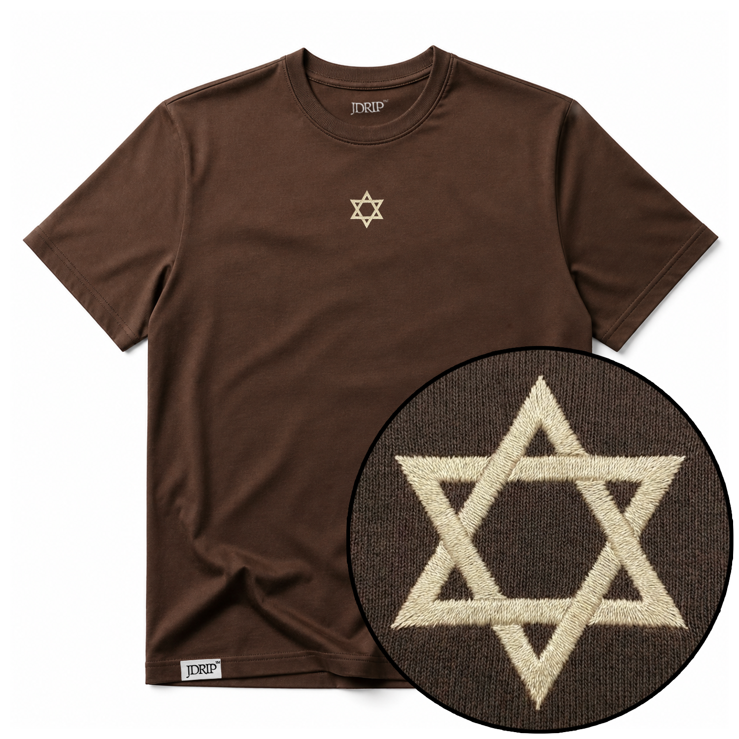 Luxury brown embroidered star of David t-shirt. 