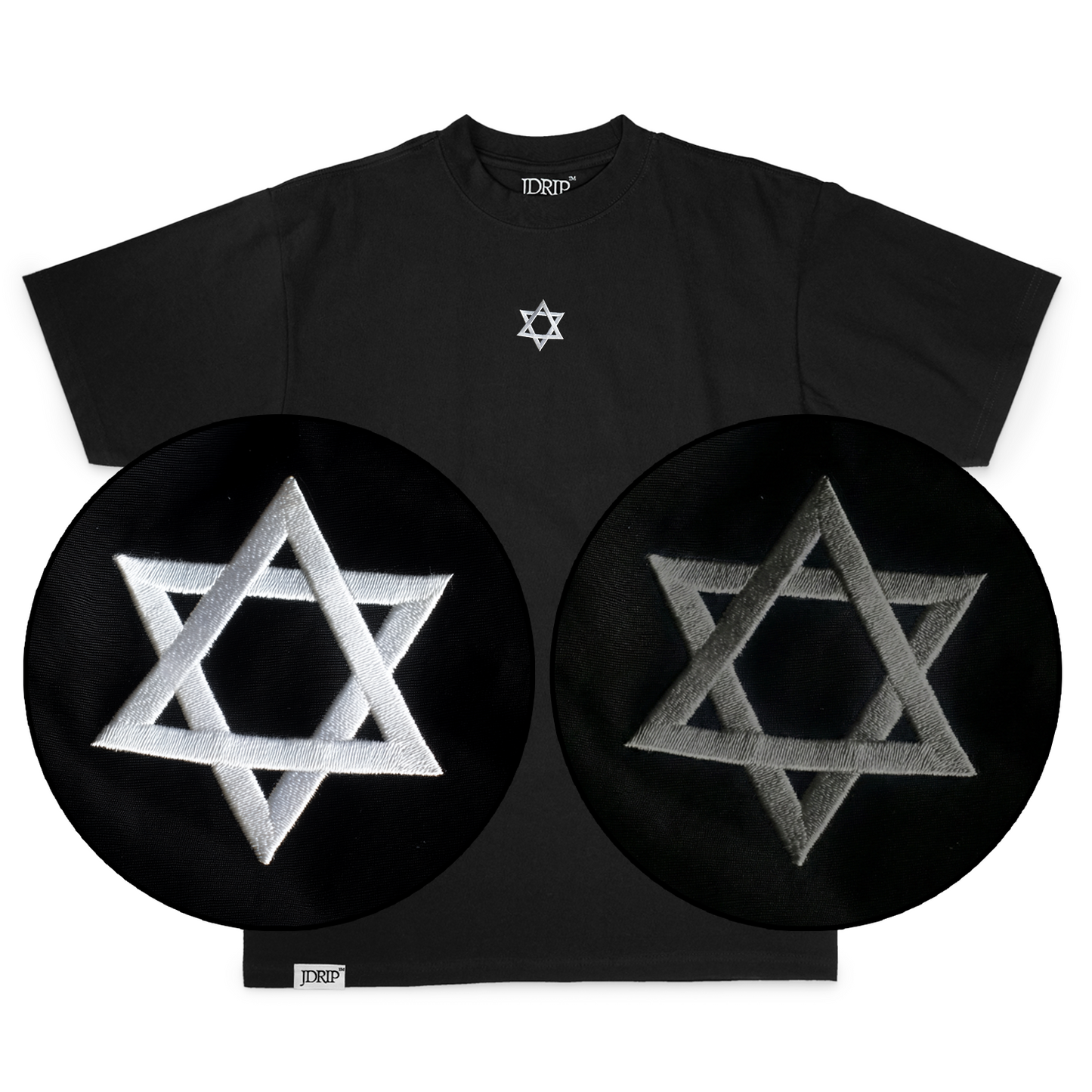 Black Tee with embroidered star of david. Features options in white and black embroidery. 