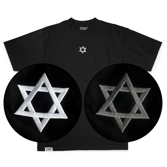 Black Tee with embroidered star of david. Features options in white and black embroidery. 